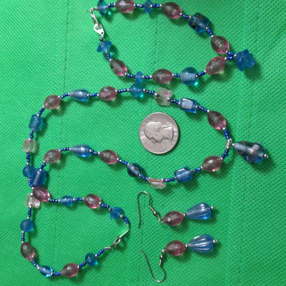A143  😍 5 For $25 😍   Blue & Pink Necklace, Bracelet & Pierced Earrings